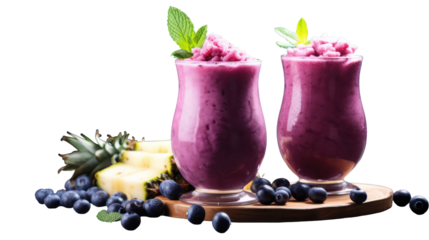 Two refreshing purple berry smoothies with pineapple and blueberries isolated on transparent background