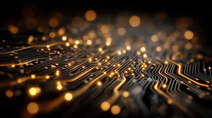 Circuit Board Abstraction: A captivating macro view of a circuit board, where illuminated pathways and glowing nodes intertwine, suggesting data flow and technological complexity.