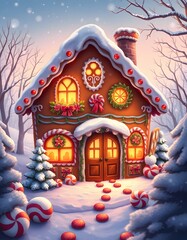 Fototapeta premium Cozy Gingerbread House in Snowy Christmas Landscape