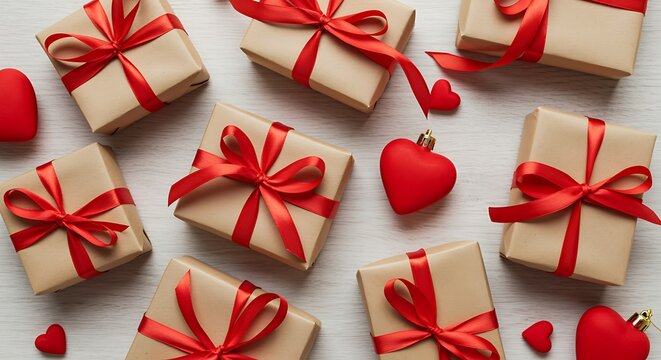 Numerous brown gift boxes with red ribbons and red hearts present kraft paper