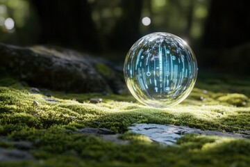 Futuristic green digital globe glowing in a lush natural forest.