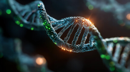 DNA Structure and Scientific Advancement: This captivating image features a close-up of a DNA double helix, glowing with vibrant light and embodying the core of genetic code.