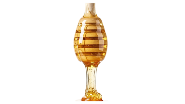 Wooden honey dipper dripping golden honey on black background