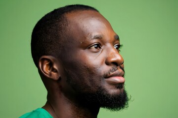 Young African Man Looking Up in Profile Against Green Background
