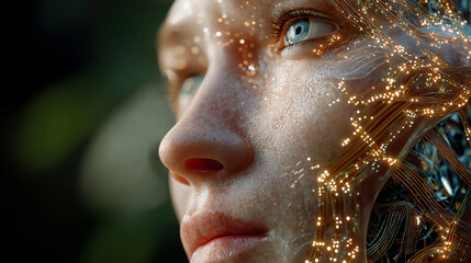 Technological Fusion: The image showcases a close-up of a human face intertwined with intricate circuits, the skin is merging with tech. Capturing a mesmerizing blend of nature and technology.