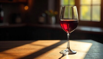 Sunlit Glass of Red Wine on Dark Wood A Perfect Image for Wine Tasting, Sommelier, or Beverage Concepts