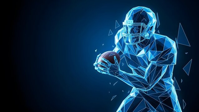 Futuristic american football player with glowing blue energy effect on dark background