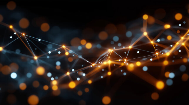 Abstract Data Network: A luminous network of interconnected data points, pulsing with light, weaves across a dark backdrop, symbolizing the complex fabric of modern data and digital information. 