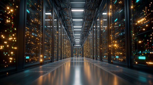 Data Center Corridor: A perspective shot showcasing a futuristic server room. The composition evokes a sense of technological advancement, precision, and the digital age. - Powered by Adobe