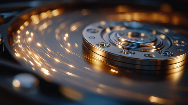 Hard Drive Data Storage: A close-up view of a hard drive reveals its intricate internal components, including the spinning disk and read-write head, symbolizing the heart of digital data storage. - Powered by Adobe
