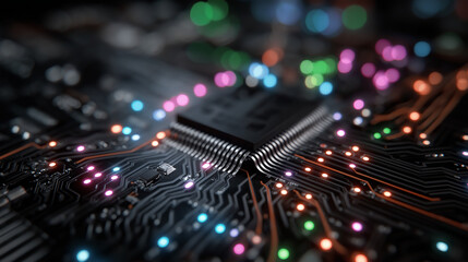 Obraz premium Circuitry Crossroads: An illuminated circuit board's intricate pathways and core components showcase the complex architecture of modern technology