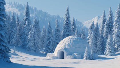 Winter Wonderland: A Genuine Snow Igloo House Nestled In The Snowy Mountains. Snowy Firs And Spruce Trees In A Misty Forest.