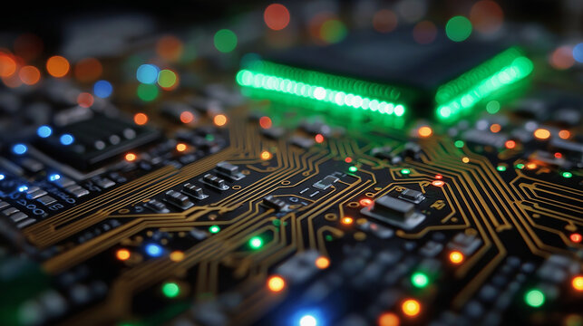 Intricate Circuitry: A close-up view reveals a complex arrangement of electronic components on a circuit board, brought to life with vibrant lights and details.