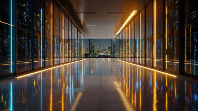 Data Center's Futuristic Vista: A modern data center's sleek design with its cutting-edge technology infrastructure. the glowing lights.