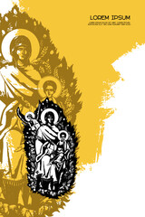 Religious vintage poster template with Burning bush. The Unburnt Bush. Christian illustration in Byzantine style