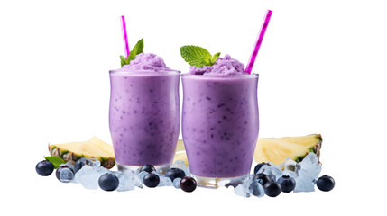 Two refreshing purple blueberry smoothies with mint and pineapple isolated on transparent background