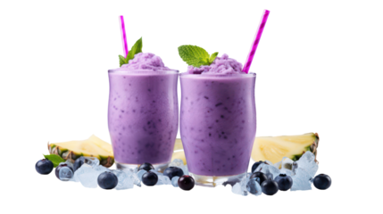 Two refreshing purple blueberry smoothies with mint and pineapple isolated on transparent background