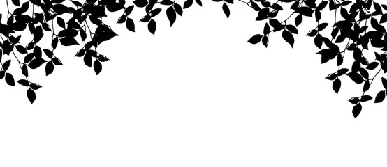 Black tree crowns banner. Silhouettes on white background