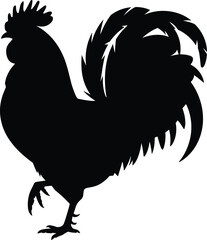 Magnificent rooster or cockerel silhouette standing proudly with a large tail and prominent comb, illustrating farm life, isolated on white background © Arman World