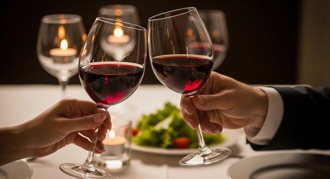Couple toasting red wine glasses at dinner. A close-up shot conveying romance and celebration. Romantic evening, fine dining experience, intimate moments.