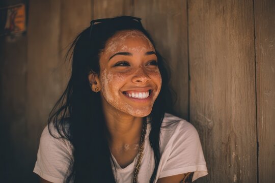 Confident Young Woman with Vitiligo Smiling Enthusiastically