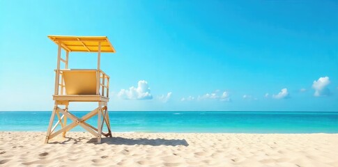 A lone tower stands tall against a vibrant blue sky, overlooking a calm ocean A lifeguard chair sits empty, ready for duty Summer safety, coastal surveillance, peaceful beach scene , beach, vacation