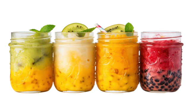 Four colorful refreshing fruit drinks in mason jars isolated on transparent background