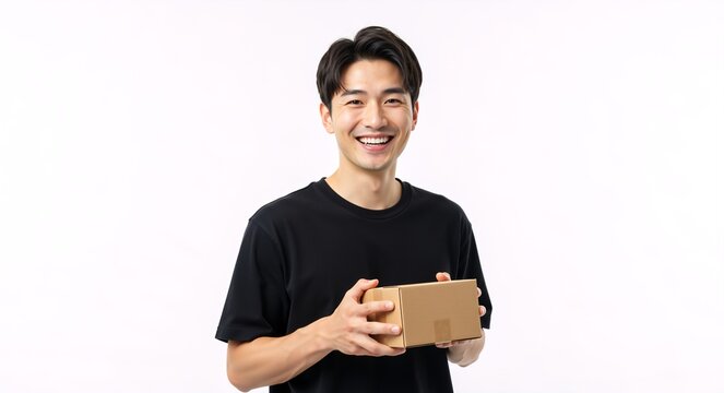 Smiling asian man holding a small cardboard box. Happy customer receiving a package from an online shopping order. Delivery service concept on a white background