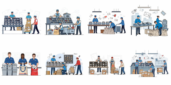 Postal workers sorting and processing mail, packages, and letters in a post office or sorting facility, illustrating global logistics and delivery service tasks.