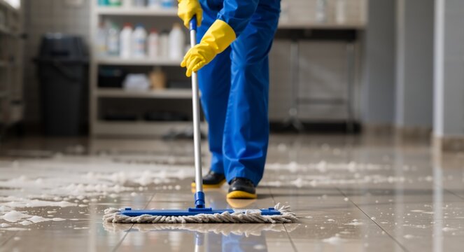 Janitor mopping a wet floor with soap suds. Professional cleaning service worker in uniform and gloves. Commercial sanitation and maintenance
