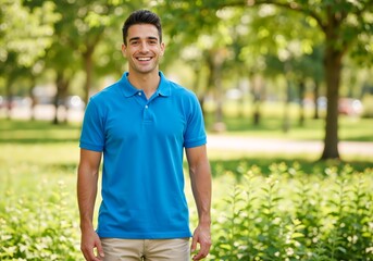Fototapeta premium A handsome young man smiling confidently in a park. Portrait of a happy male student wearing a casual blue polo shirt outdoors
