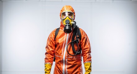 Person in an orange hazmat suit and gas mask. Worker in full protective gear for chemical or biological hazard. Danger and contamination concept with copy space