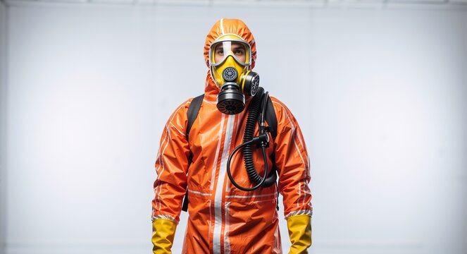 Person in an orange hazmat suit and gas mask. Worker in full protective gear for chemical or biological hazard. Danger and contamination concept with copy space - Powered by Adobe