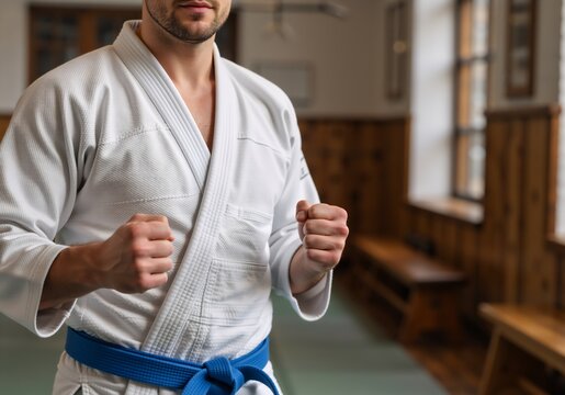 Man in a white martial arts gi with a blue belt in a fighting stance. Close-up of a fighter with clenched fists during training in a dojo. Judo or jiu-jitsu concept - Powered by Adobe