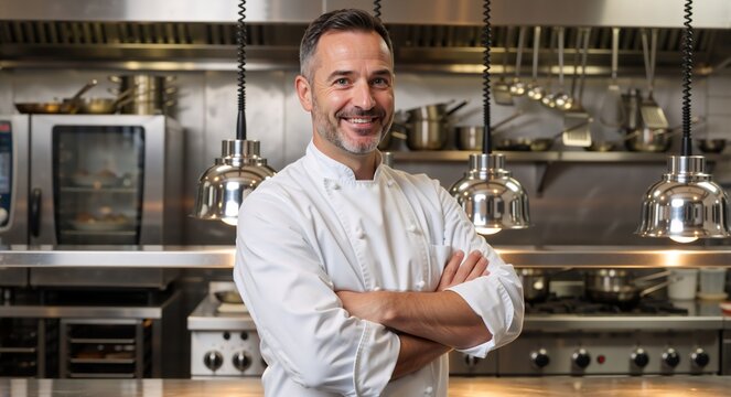 Portrait of a confident male chef smiling in a professional restaurant kitchen. Middle-aged culinary expert in uniform with arms crossed