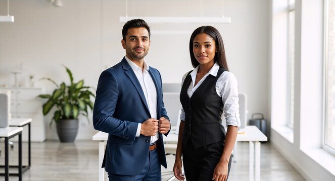 Portrait of a successful and diverse business team. Confident businessman and businesswoman colleagues standing in a modern office. Teamwork and partnership concept