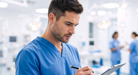 Professional male doctor writing on a clipboard in a hospital. Focused healthcare worker documenting patient information in a modern clinic