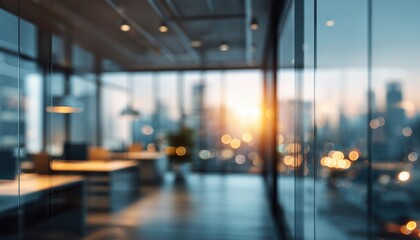 Fototapeta premium Stylish Workspace With Glass Walls, City Sky View, And Warm Lighting: A Professional And Modern Office Interior With Blurred Bokeh Effect.