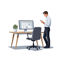 Man standing near desk with computer and chair looking at phone.