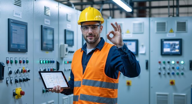 Industrial engineer in a hard hat showing an ok gesture while holding a tablet. Male technician working in a factory control room. Successful system operation and quality control