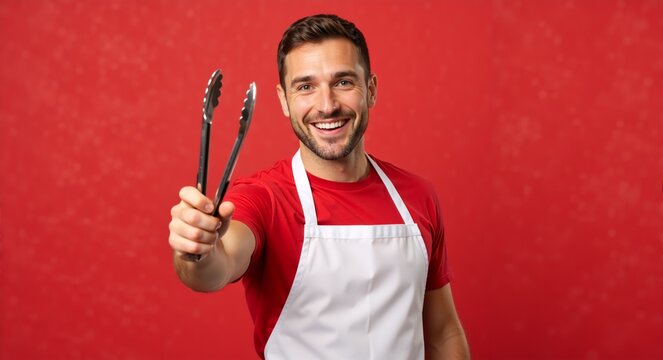 Smiling man in an apron holding kitchen tongs for grilling. Happy professional chef ready for a barbecue isolated on a red background - Powered by Adobe