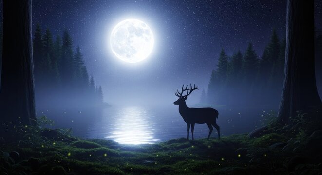 Enchanting moonlit forest scene with deer silhouette, serene lake, and glowing fireflies under a starry night sky, perfect for fantasy and nature themes