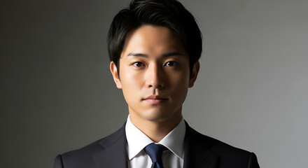 Man in dark suit and blue tie looking forward male