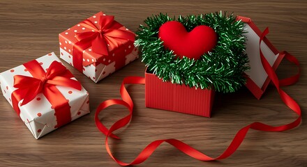 Red heart in green tinsel inside open red box with polka dot gifts present love