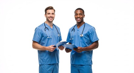 Two diverse male nurses smiling and holding clipboards. Professional medical team in blue scrubs with stethoscopes isolated on a white background. Healthcare and teamwork concept