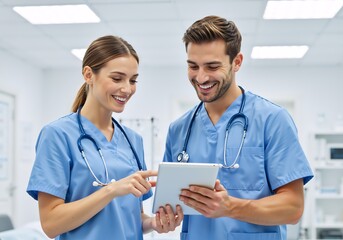 Two smiling medical professionals discussing patient results on a digital tablet. Male and female doctors collaborating in a modern hospital clinic. Healthcare and technology concept