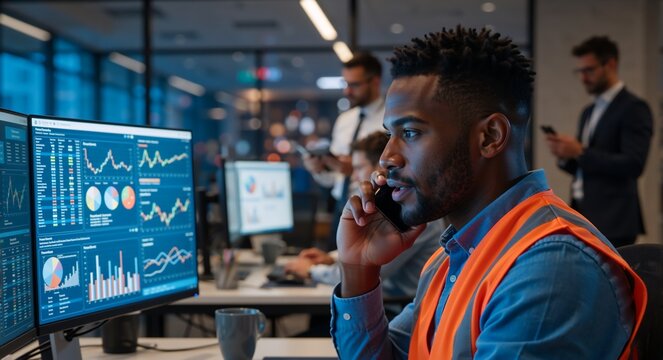 Black male professional analyzing financial data on dual monitors while on a phone call. Logistics manager in a safety vest working late in a modern office. Business and technology concept