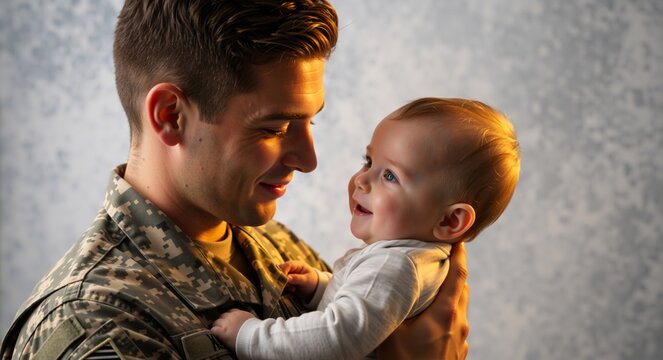 A smiling soldier in a camouflage uniform holding his infant baby. Military father reunited with his son in a tender moment of love and connection