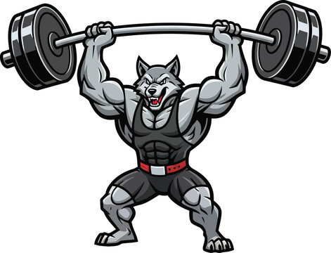Muscular wolf weightlifter raising a heavy barbell above his head. Strong exaggerated anatomy, energetic pose, bold vector lines, sports team mascot illustration