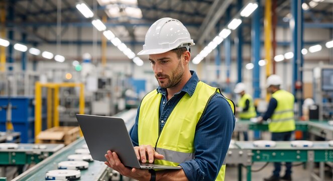 Industrial engineer using a laptop for quality control on a factory production line. Male worker in a hard hat supervising the manufacturing process